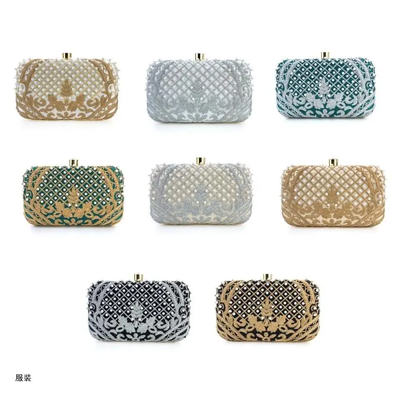 D0UD Women Evening Bag Bridal Clutch Embroidery Party Prom Wedding Handbag Crossbody Shoulder Bags Detachable Chain Purse