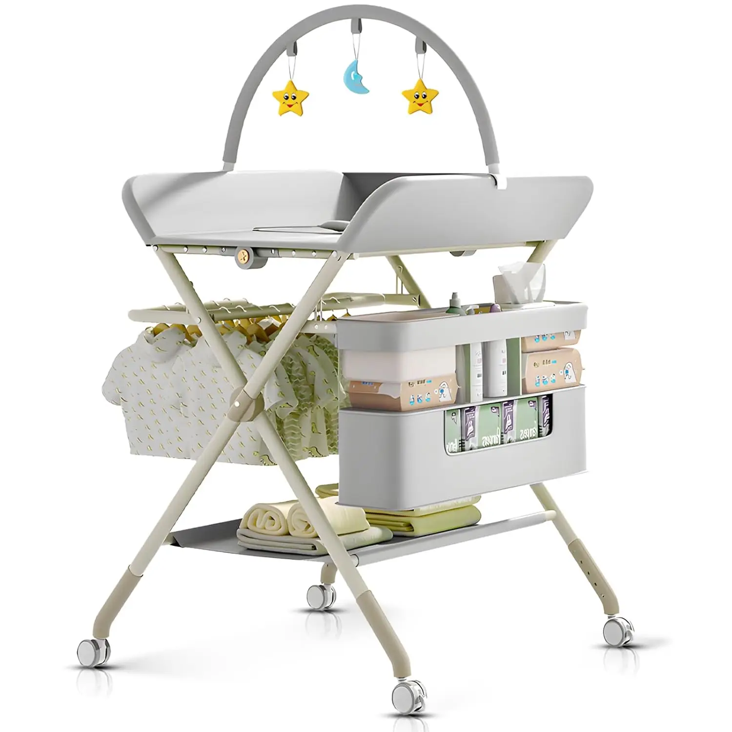 Changing Table, Portable Baby Changing Table with Wheels, Upgraded Foldable Diaper Changing Station with 5-Level Adjustable Heig