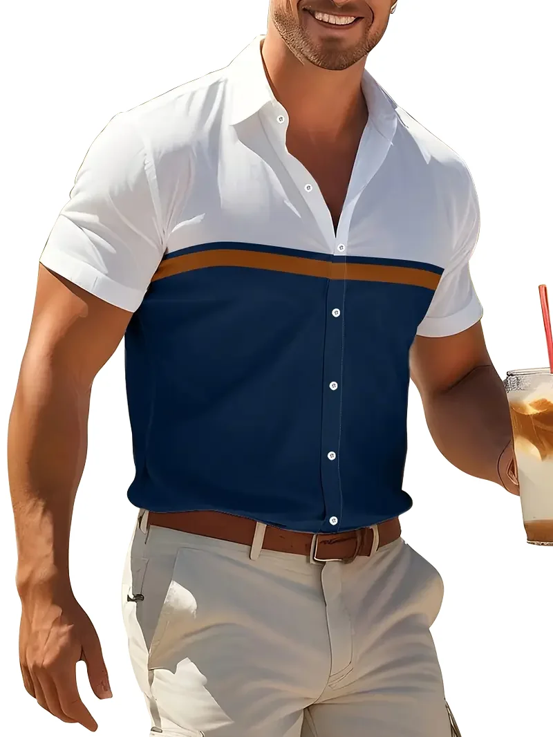 Men's color blocked summer short sleeved shirt, fashionable and casual Hawaiian vacation shirt, men's gift