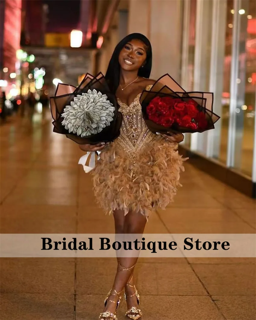 Luxury Gold Diamond Short Prom Dress Luxury Sheer Neck Bead Crystal Feather Birthday Party Cocktail Homecoming Gowns Customized image 4