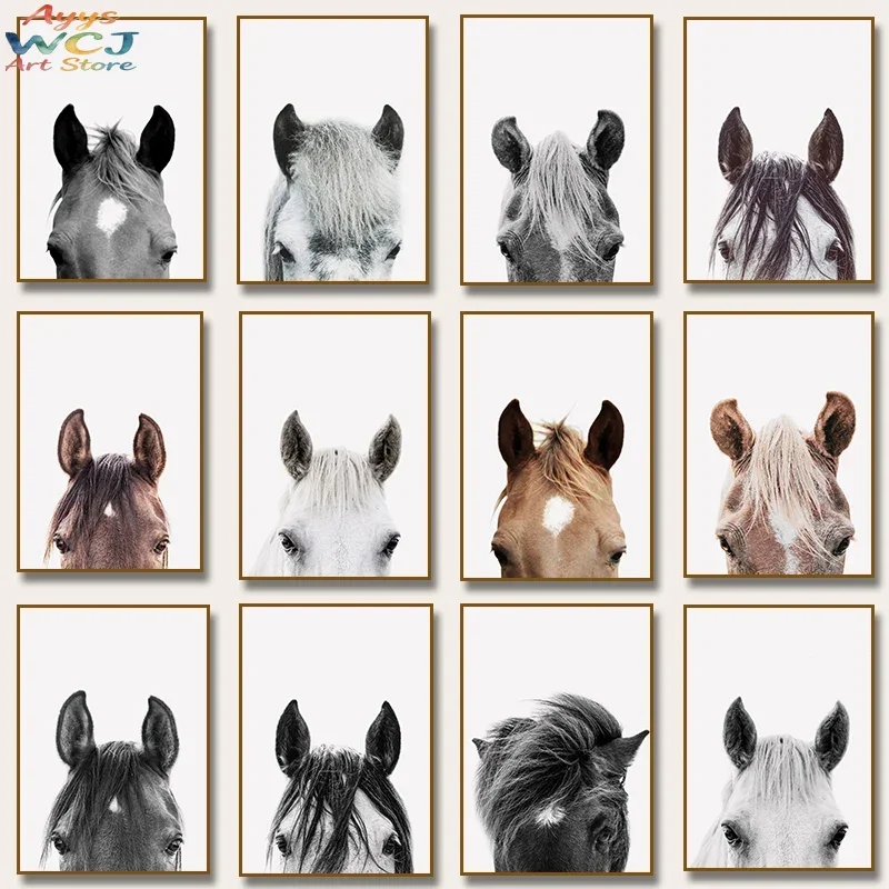 Black White Horse Portraits Farmhouse Art Print and Poster Canvas Painting Animals Picture for Living Room Home Decor Cuadros