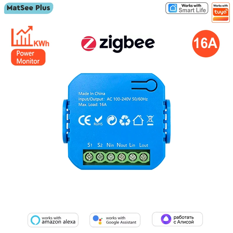 Smart ZigBee Switch Relay Module Supports 2 Way Light Control Timing 16A KWh Energy Monitor Works with Google Home Alexa