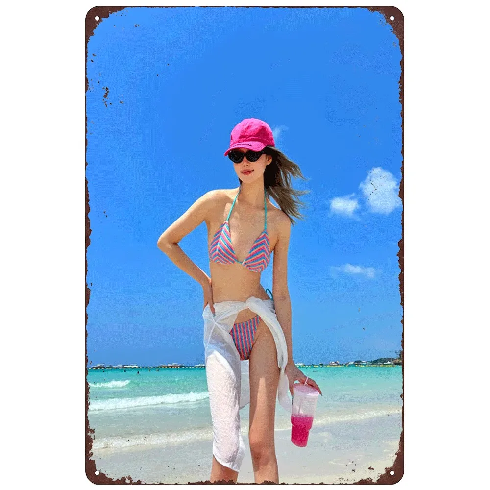 HD Tin Sign Vintage Asian Girl in Pink Blue Striped Bikini at Beach Metal Wall Art Retro Decor for Home Bar Cafe
