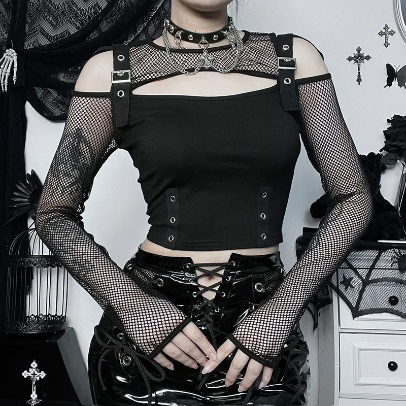 Halloween Sexy Dark Versatile Lace Patchwork Cross Long Sleeve Pullover Contrast Panel Cyber Y2K Gothic Slim Fit T Shirt Top