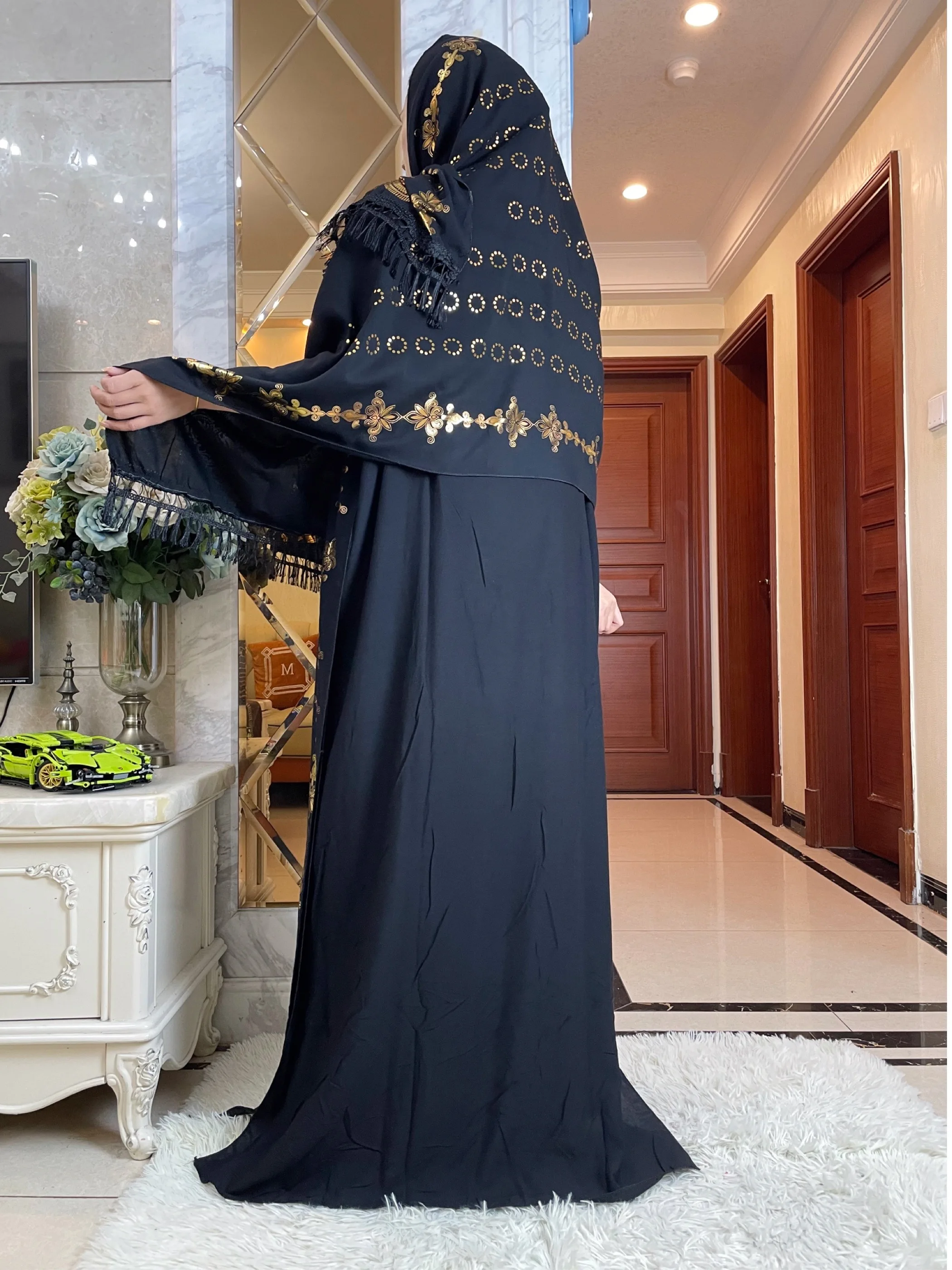 2024African Maxi Short Sleeve Dress With Big Scarf Women Printing Loose Robes Clothing Summer New Fashion Casual Africa Abaya