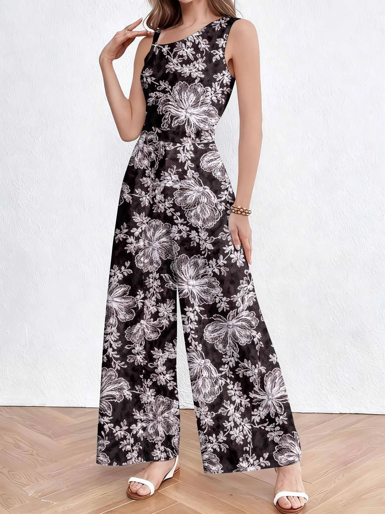 

Women's Sleeveless Jumpsuit High Waist Wide Legs Slimming Summer Printed Commuting Dating Vacay Sloping Shoulder Style