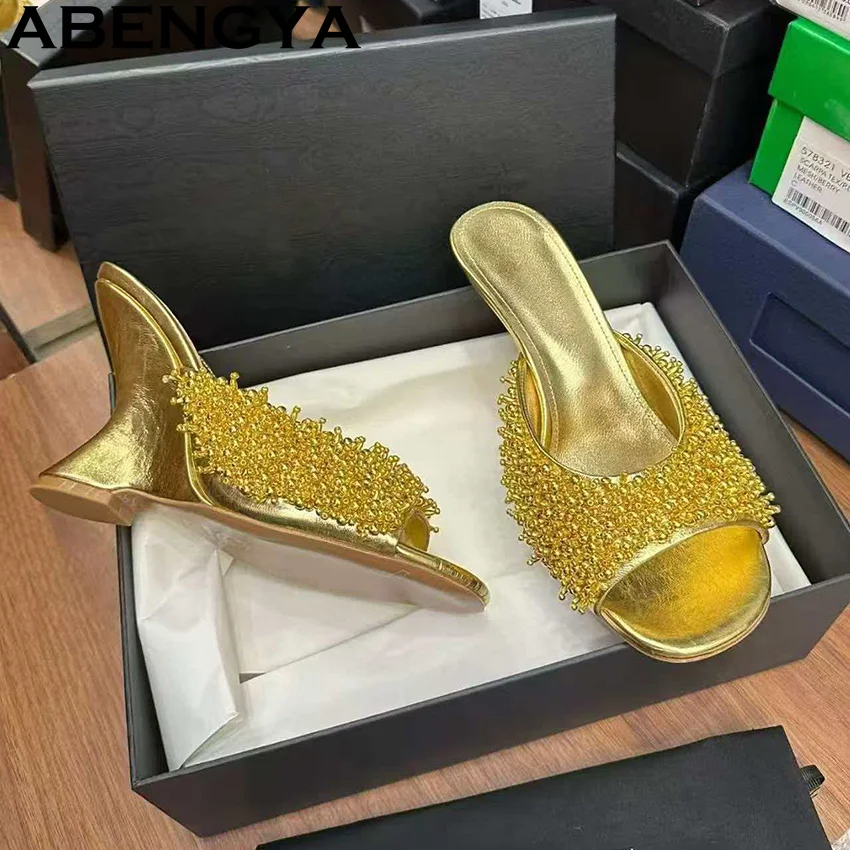 Elegant Ethnic Style Women's Bead String Wedge Heel Slippers Open Toe Outdoor Fashion Week Slides Sandals Summer 2026 Size 42