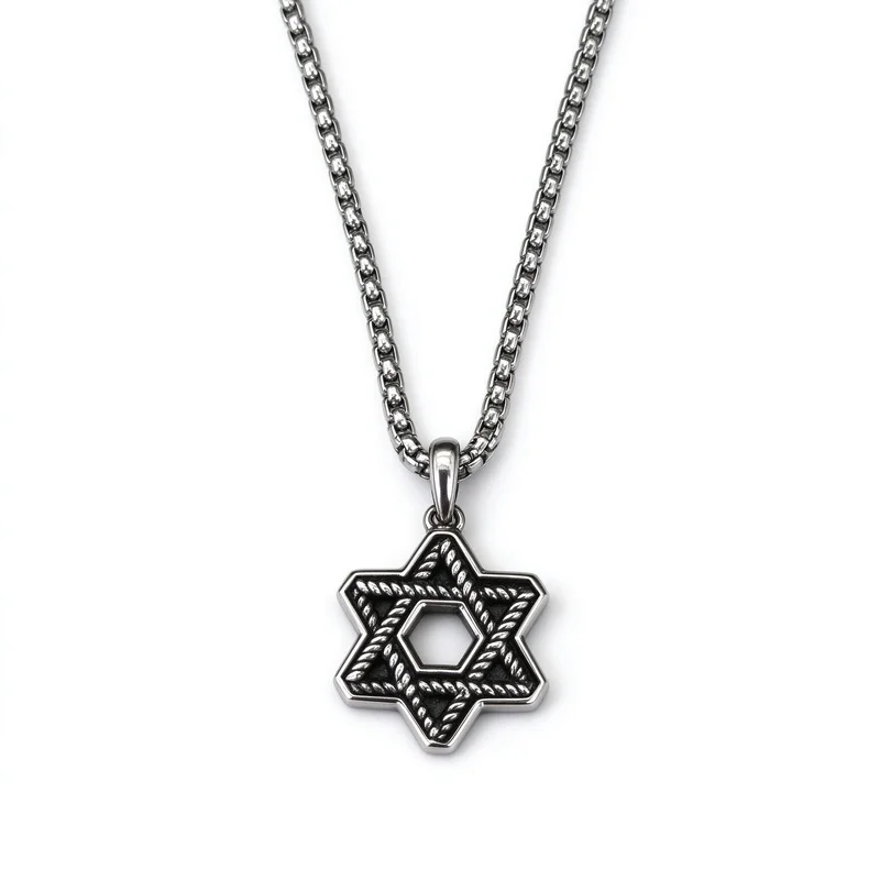 Star of David Pendant Necklace for Men Women, Silver Six Point Star with Twist Rope Texture Hollow Center, Thick Box Chain, 50+5cm, Hebrew Faith Unisex Fashion Jewelry Gift, High Quality Alloy Hypoallergenic Durable Polished, Gift for Him Her Birthday