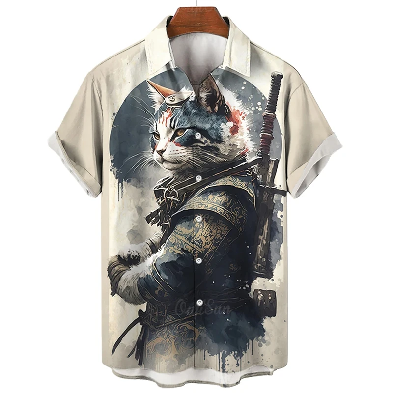 Vintage Cat swordsman 3D Printed Shirts For Men Clothes Funny Animal Graphic Blouses Casual Mens Lapel Blouse Summer Button Tops