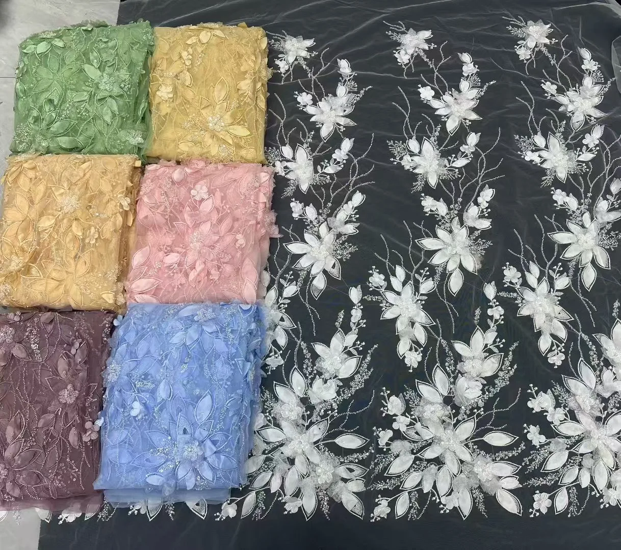 

Elegant African Applique Lace Fabric Sequin Beaded Embroidery High Quality Mesh Tulle dubai style For Sewing Wedding Party Dress