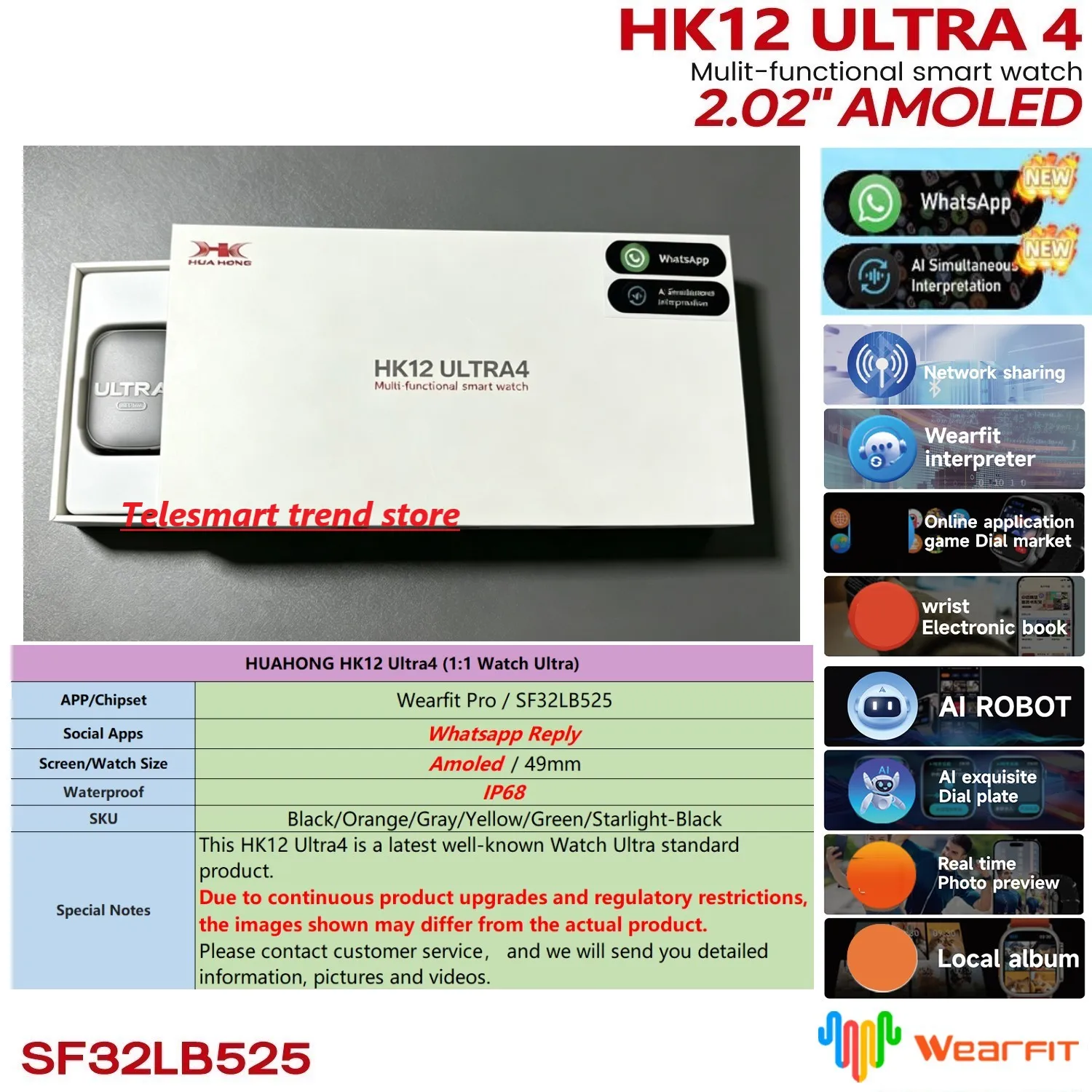 Montre connectée Huahong Amoled HK12 Ultra4, sportive, robuste, étanche IP68, série HK12U4, montre connectée HK12 Ultra 4