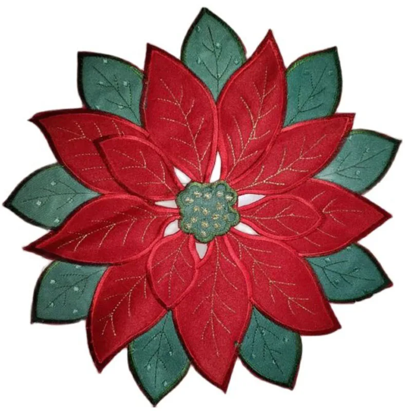 HOT red Christmas Poinsettia Flower embroidery table place mat Cloth placemat coaster kitchen Table decoration and accessories