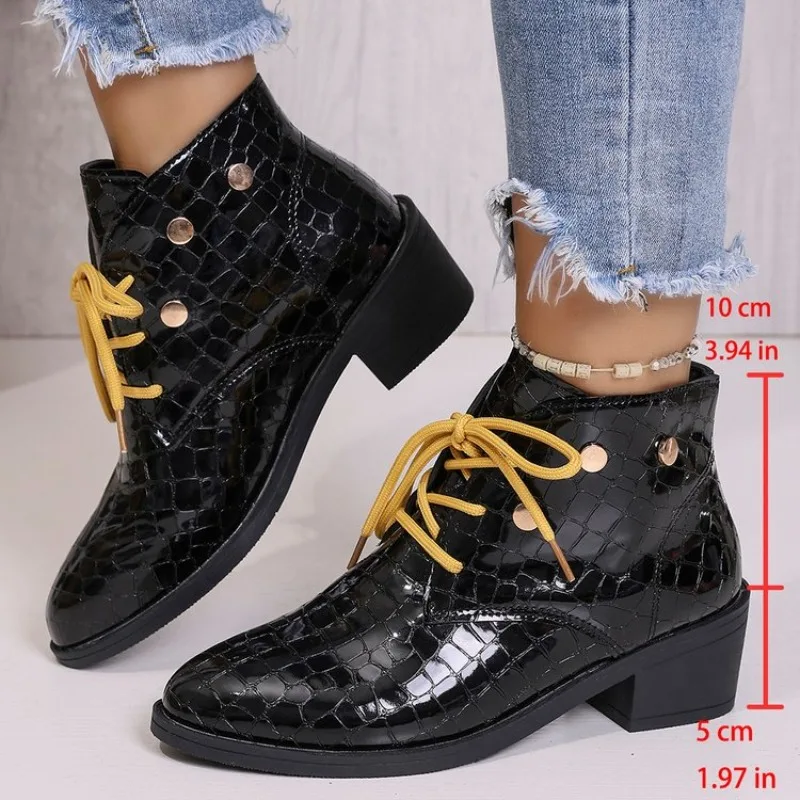 

2026 New Genuine Leather Boots Women Lace Up Zipper Chunky High Heels Ankle Boots Wool Warm Winter Snow Boots Plus Size 41 42 43