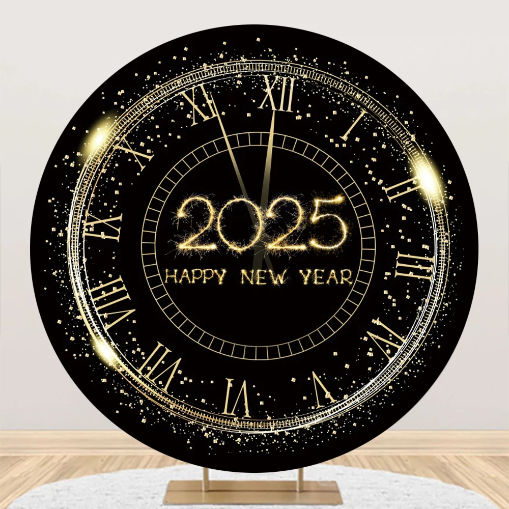 Happy New Year 2025 Party Round Backdrop Clock Firework Photography Background Circle Family Photo Photographic Studio Shoots