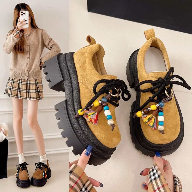 

Женская модная бестселлерная и универсальная новинка весны 2025 года, повседневная обувь на высокой шнуровке, прогулочная обувь на толстой подошве и каблуке