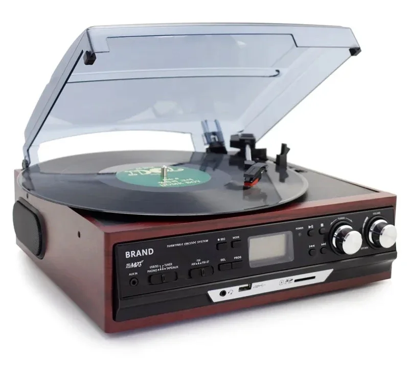 LoopTone Bluetooth Stereo Phono Turntable Vinyl LP Record Player With AMFM Radio USB/SD Aux Cassette MP3 Recorder Headphone Jack