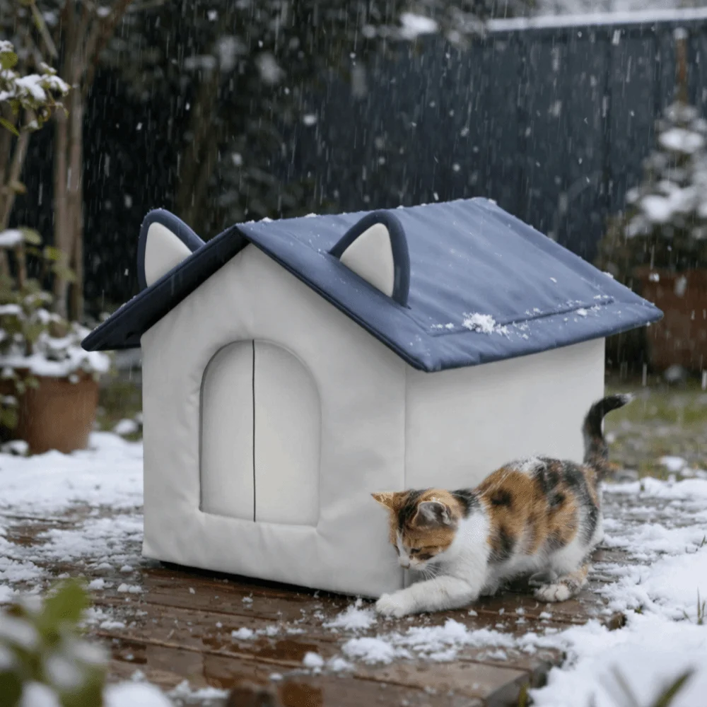 Warm Outdoor Cat House Windproof Moisture-Proof Base Stray Cat Shelter Waterproof Enclosed Design Pet Warming Cave Backyard