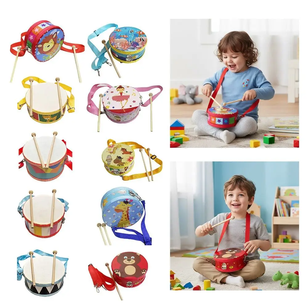 

Wooden Material Wooden Percussion Drum Toy Double Sided Carry Strap Musical Instrument Drum Animal Pattern Drum Sticks
