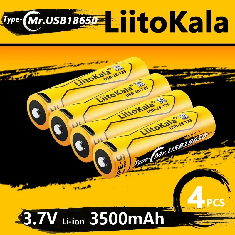 LiitoKala USB-18-T35 충전식 리튬 이온 배터리, LED 표시등 포함, DC 충전, NCR18650B, 3.7V, 3.7V, 3400mAh, 4 개