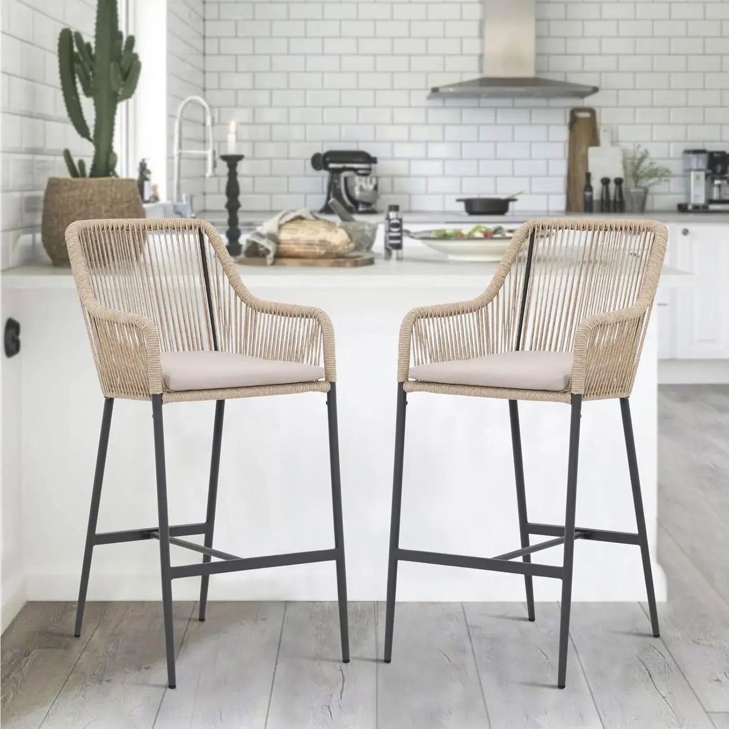 with Cushions, Armrest and Footrest for Indoor, Garden, Pool Wicker Bar Stools Set of 2, Patio Outdoor Rattan Bar Height Chairs
