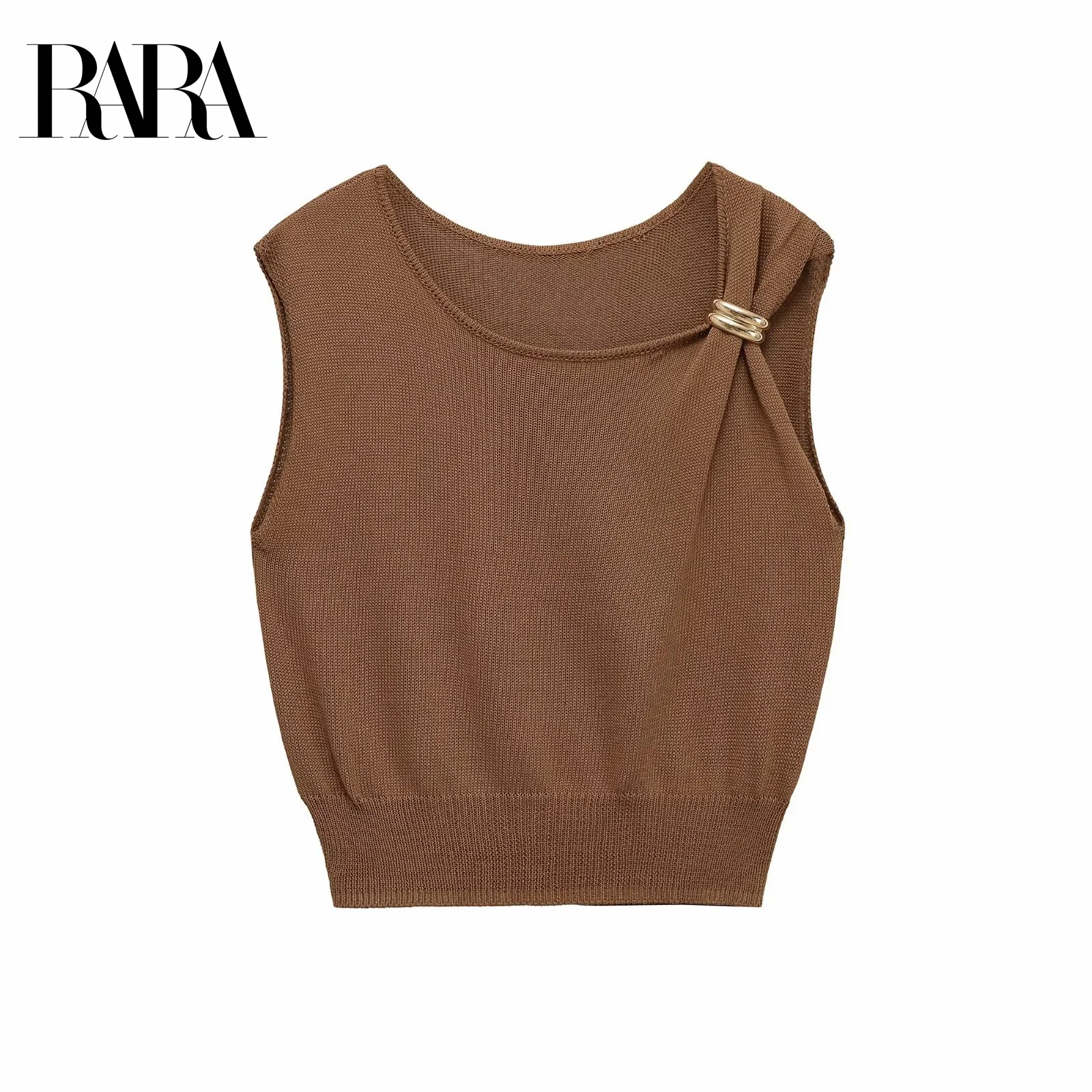 

RARA2025 Womens Summer New Style Asymmetric Shoulder With Metal Ring Decorated Casual Elegant Sleeveless Short Knit Top