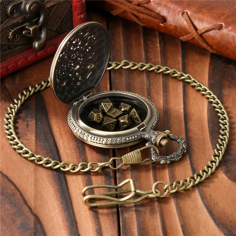 7pcs Metal Polyhedral Dice Set Entertainment Accessory for Role Play Gaming Antique Gear Pocket Watch Case Pendant Chain