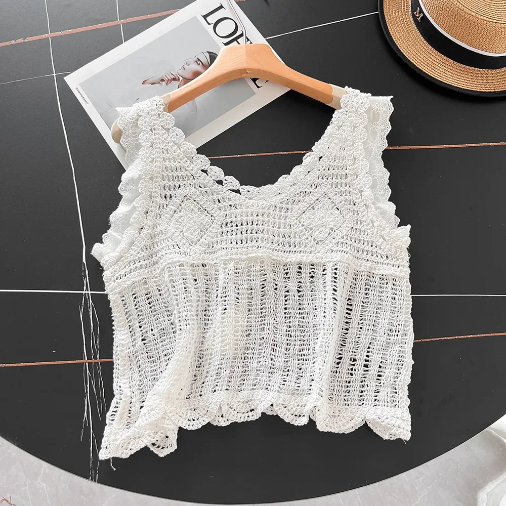 Fringed Crochet Women Tank Top Lace Flutter Sleeve Casual Summer Vacation Bohemian Style Beach Vest