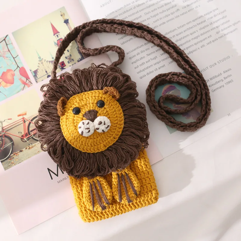 Creative handmade woven crossbody bag wool hook woven mobile phone package cute animal pattern girl's small bag