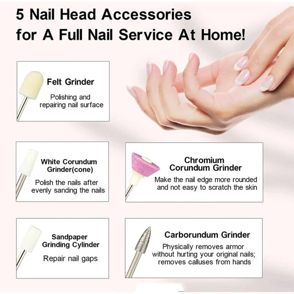 YIKOOLIN Lima de Uñas Portátil Eléctrica Taladro de Uñas con 4 Velocidades Cortador de Cutículas a Batería Herramientas de Manicura y Pedicura 4
