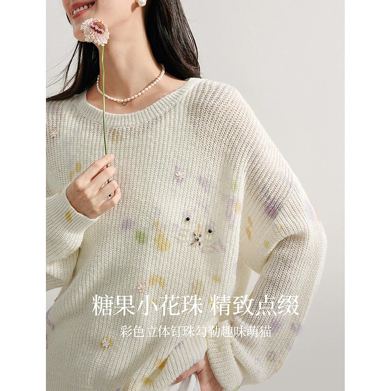 INMAN Printed knit women\'s sweater 2024 Autumn pullover Knitwear crew-neck long-sleeved hand-made beaded pattern tops