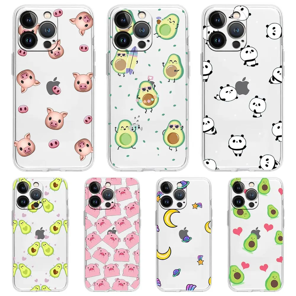 Phone Case For iPhone 15 16 14 13 11 12 Pro Max X XR XS 7 8 Plus SE Transparent Soft Cover Fundas Cartoon Cute Pig Panda Avocado