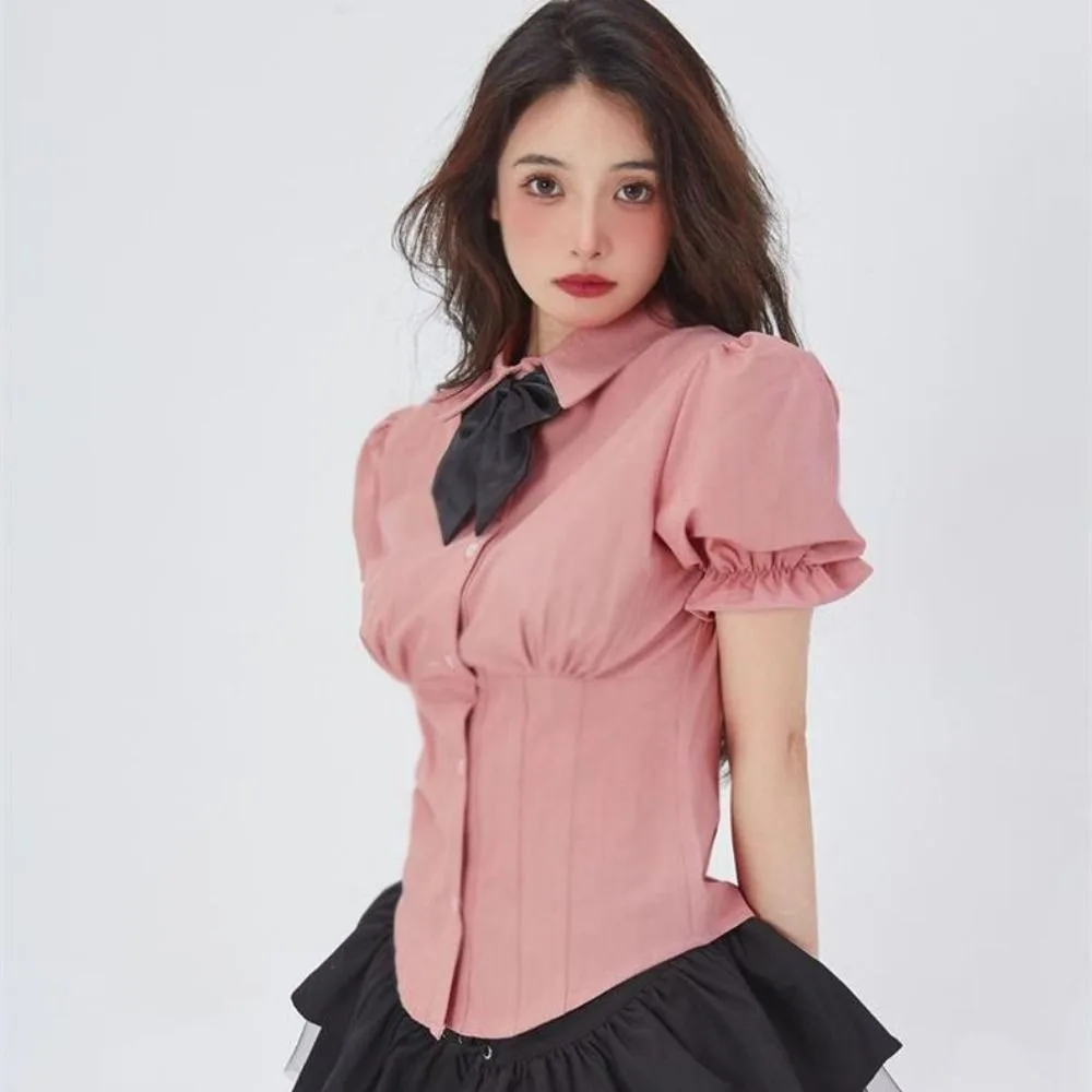 Chic Bowknot JK Kurzarm Shirts Puff Sleeve Y2K Schlanke Bluse Frauen Crop Top Adrette Süße Mädchen Shirts Sommer