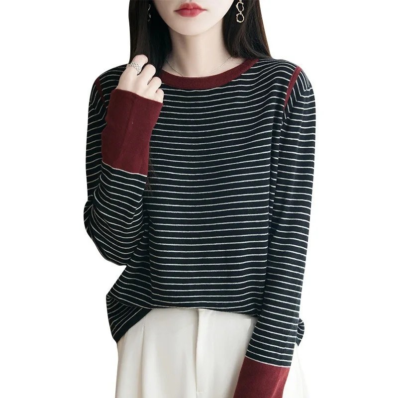 Women Color Block Striped Knit Sweater Round Neck Long Sleeve Soft Wool Blend Basic Top