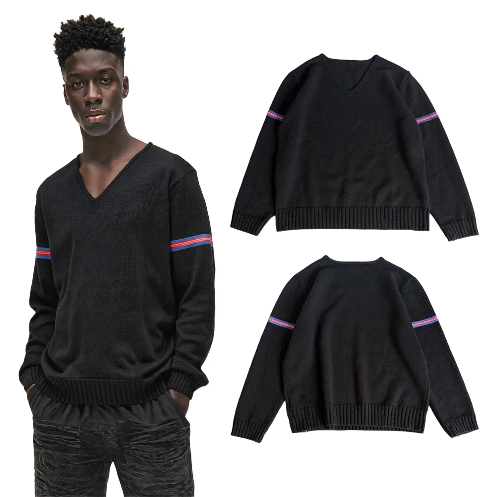 Autumn Vintage Streetwear V Neck Knit Sweaters with Striped High Brand Street Style Cotton Casual Slim Fit Full Sleeves Sweaters