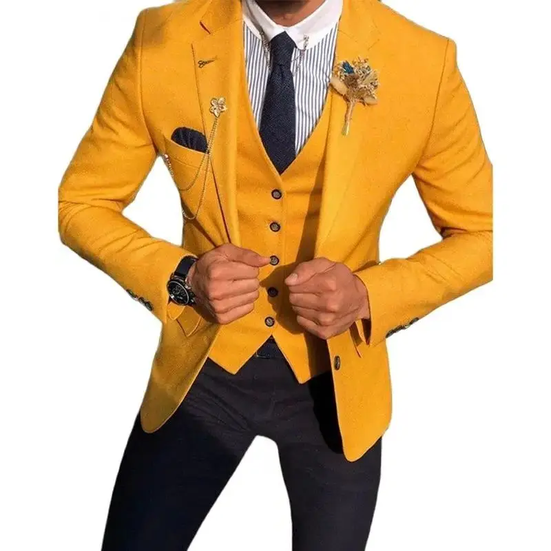 

Skinny 3 Piece Men Suits for Wedding Elegant Men's Business Suit Two Button Yellow Groom Wedding Tuxedo Male (Jacket+Pants+Vest)