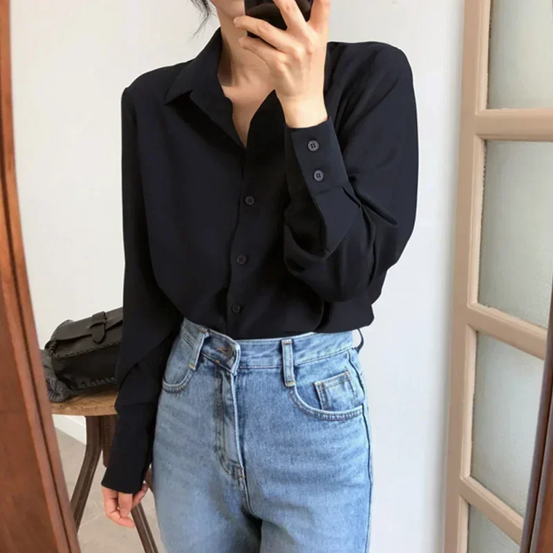 New Spring Fashion Women Tops Blouse White Blouse Bottom Shirt Black Korean Chiffon Shirt Office Lady Clothes All-match 11397