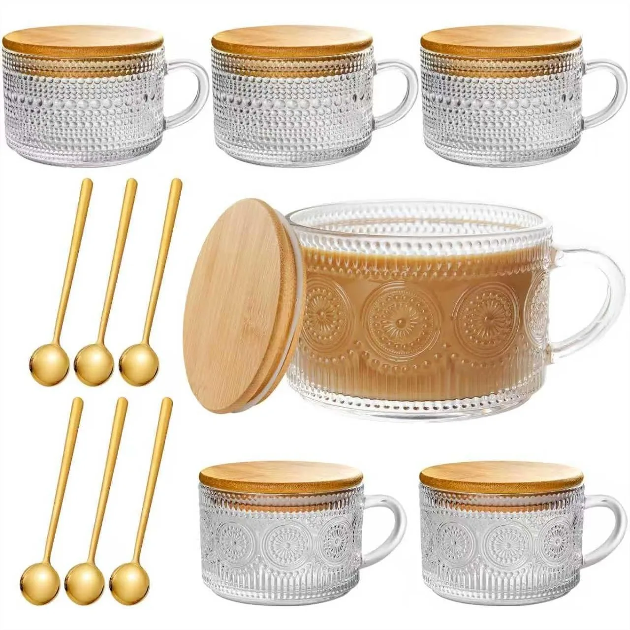 

6 Pack Vintage Glass Coffee Mugs 14oz with Bamboo Lids and Gold Spoons, Clear Embossed Tea Cups Set
