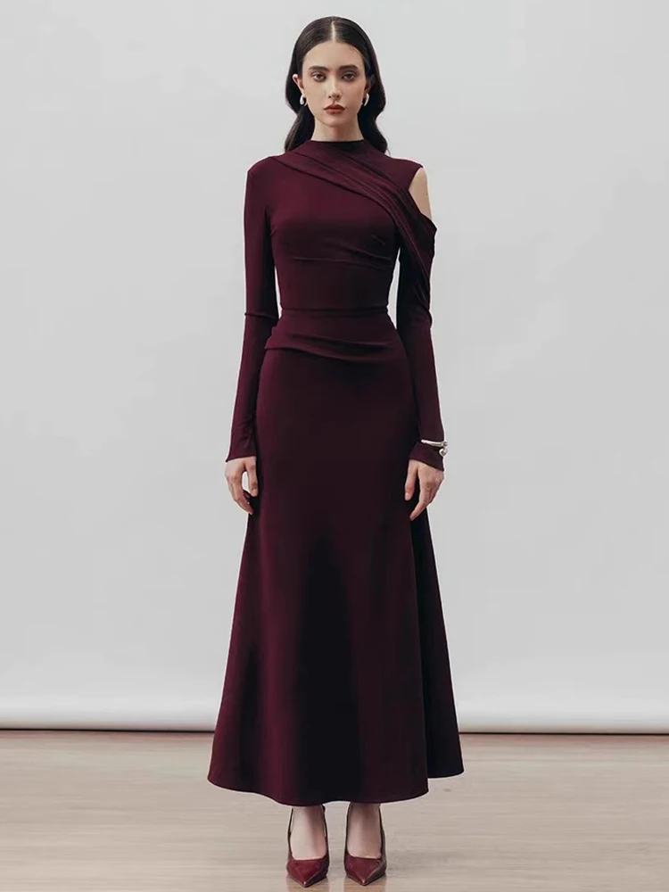 DEAT Elegant Dress Half High Collar Hollow Out Asymmetric Long Sleeves Mid-calf Women\'s Party Dresses 2025 Spring New 13DL999