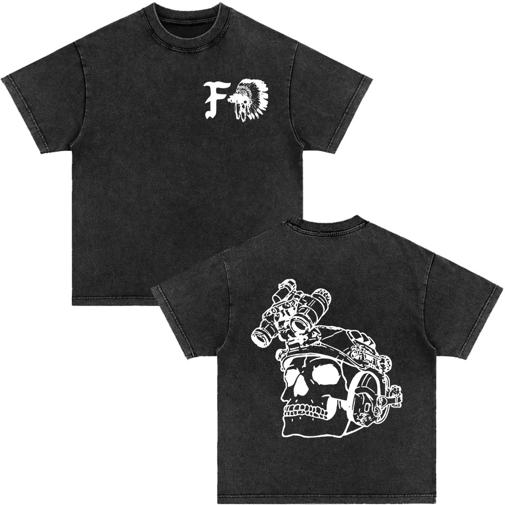 Forward Observations Group Skeleton Print T-shirt Men Vintage Washed Black Oversized Streetwear Cotton Short Sleeve Unisex Tees