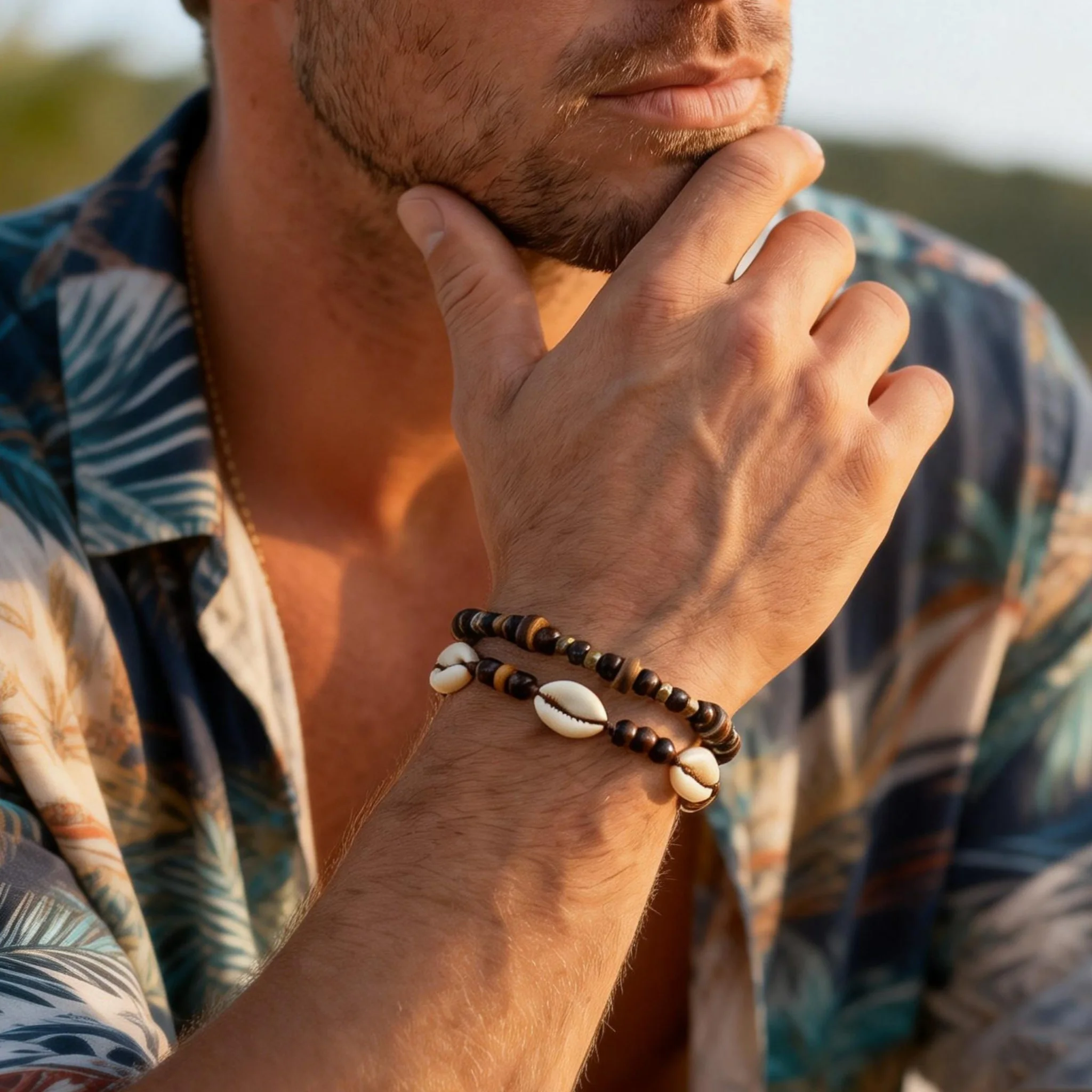 Juego de 2 Pulseras Ajustables de Cuerda Trenzada con Cuentas de Concha de Coco para Hombre, Joyería de Moda para Playa y Océano, Regalos