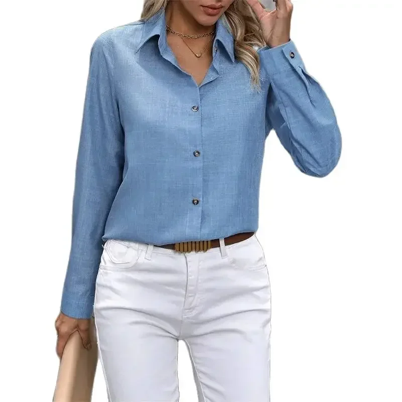 Spring Autumn Casual Solid Color Shirt Women Comfortable Commuter Long Sleeve Blouse Elegant Female Single-breasted Cardigan Top