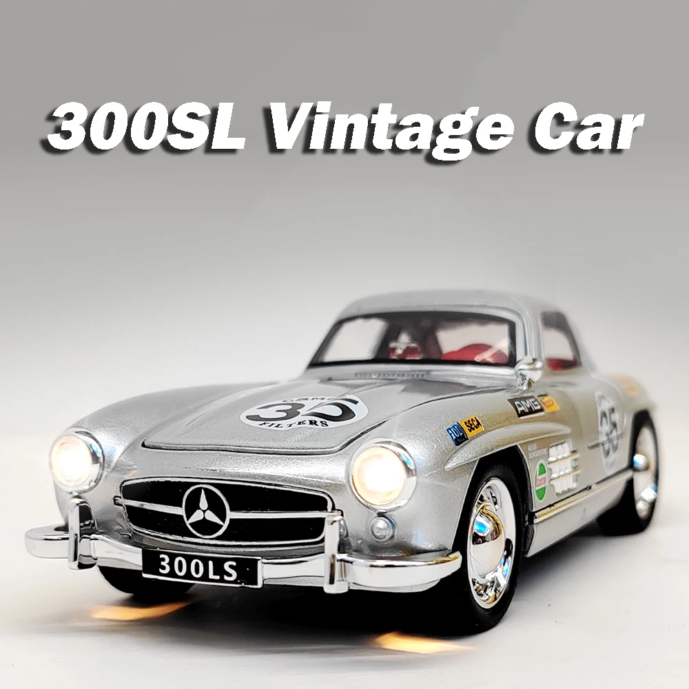 1:32 스케일 300SL 빈티지 자동차 장난감 모델 합금 다이캐스트 사운드 라이트 도어 오픈 풀백 고무 타이어 어린이 생일 선물