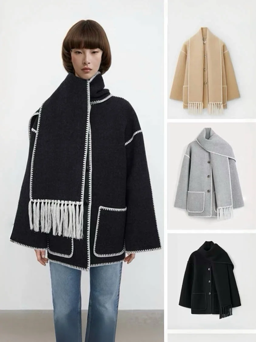 

Nordic Sle Woolen Coat with Fringe And Embroidery Single Button White Scarf Commute Faion Women's Outerwear