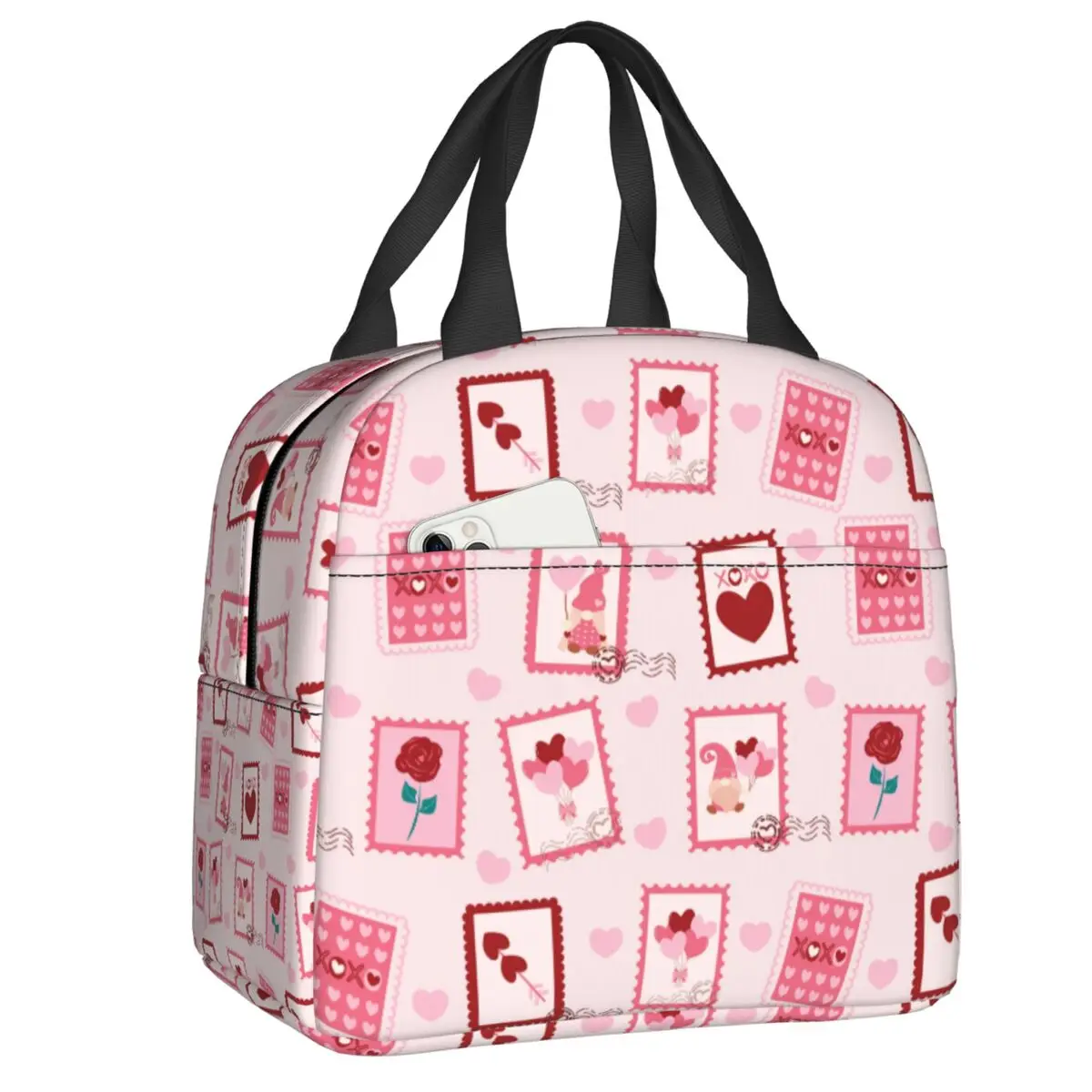Custom Pink Gnome In Love Hearts And Flowers Pattern Resuable Lunch Box for Women Multifunction Cooler Food Insulated Lunch Bag