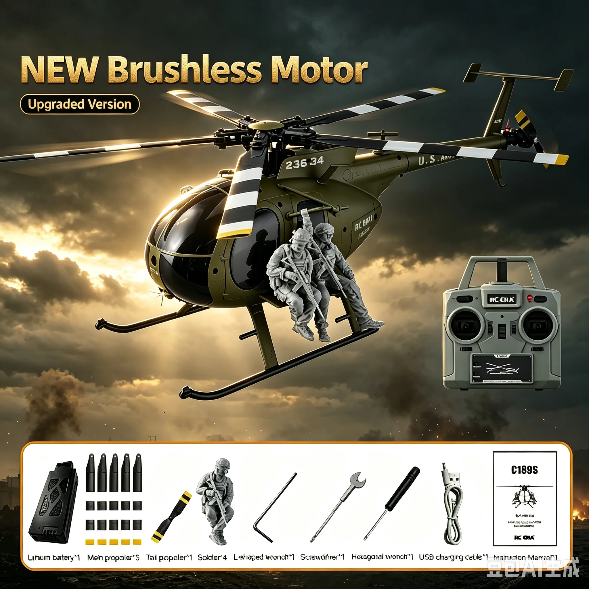 RC ERA C189S MD500 Bird 6-channel dual brushless military remote control helicopter, optical flow positioning, adult simulation