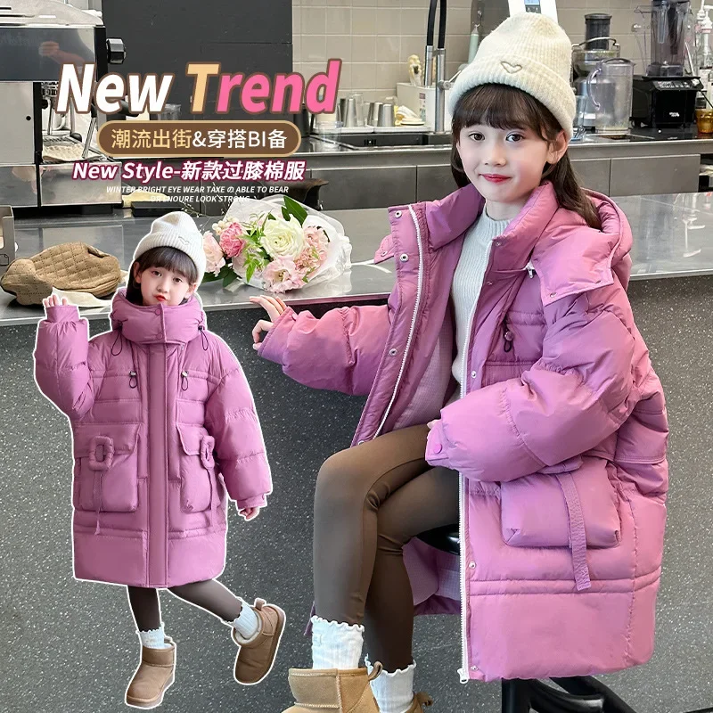 

2025 Fashion Children Winter Down Cotton Jacket Girl Clothing Kids Warm Thick Parka Purple Hooded Long Coats TR295