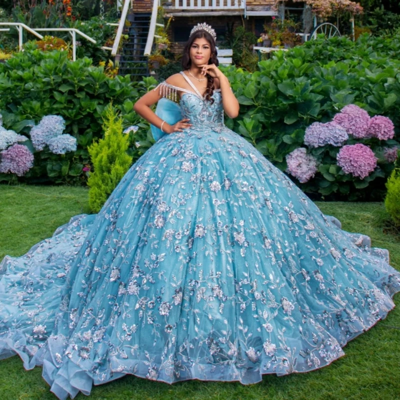 

Blue Shiny Quinceanera Dresses Ball Gown Off The Shoulder Sequin Applique Lace Beading Bow Tull Corset Party Birthday Sweet 16