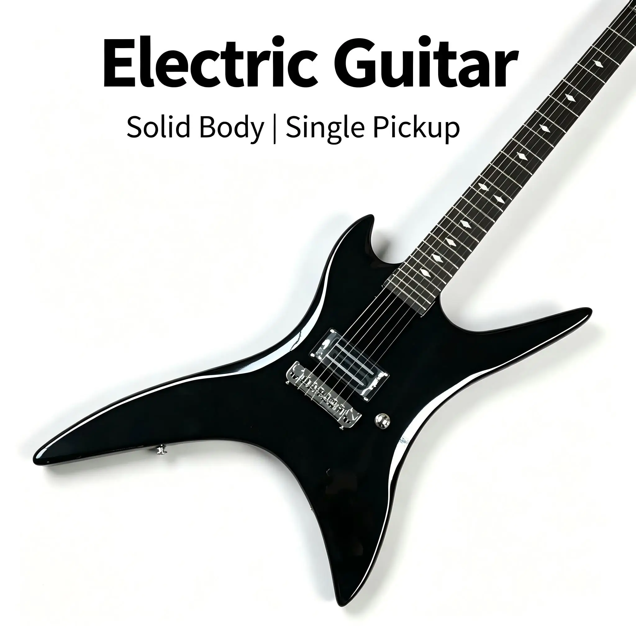 Gloss Black Electric Guitar, Four Point Sharp Shape, HH Chrome Pickups, Fixed Bridge, Rosewood FB, Diamond Inlays, Hard Rock