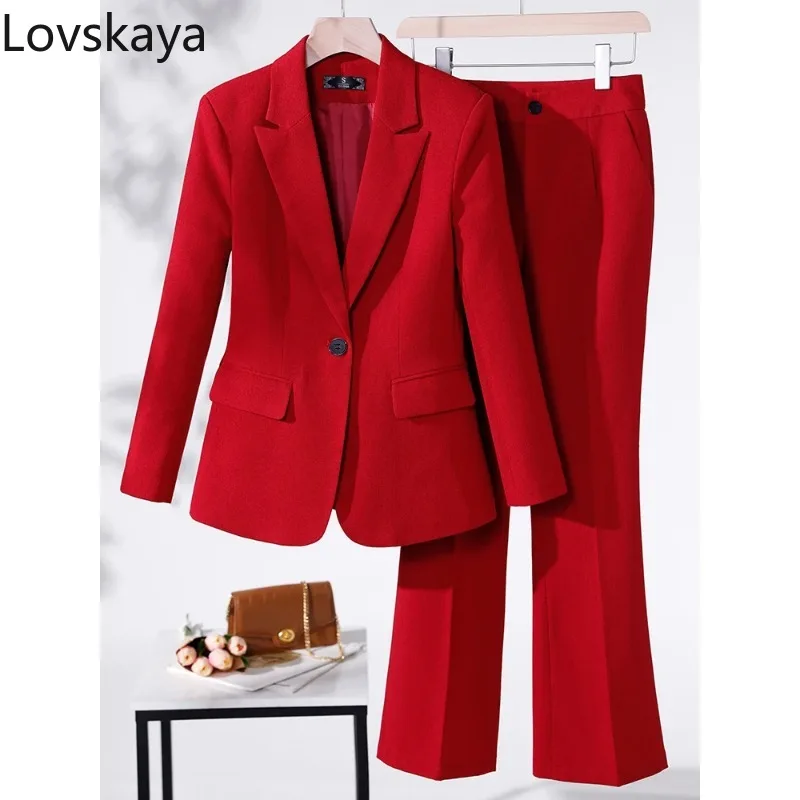 Business Work Wear 2 Piece Set Purple Blue Red Black Long Sleeve Blazer And Trouser Women Pant Suit Formal