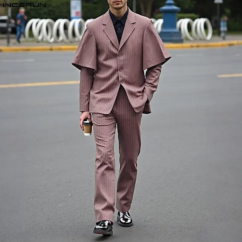 INCERUN 남성 스트라이프 세트 라펠 긴 소매 블레이저 & 바지 두 조각 세트 스트리트웨어 우아한 패션 캐주얼 남성 캐주얼 정장